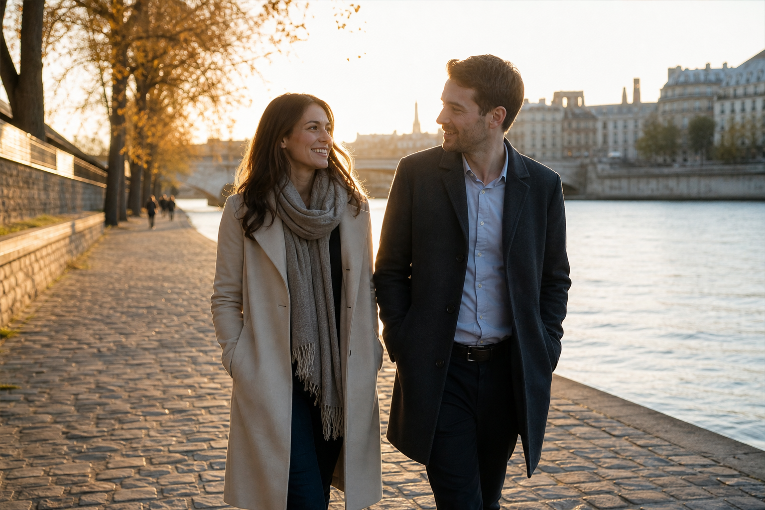 Portrait de couple en lumière dorée extérieure